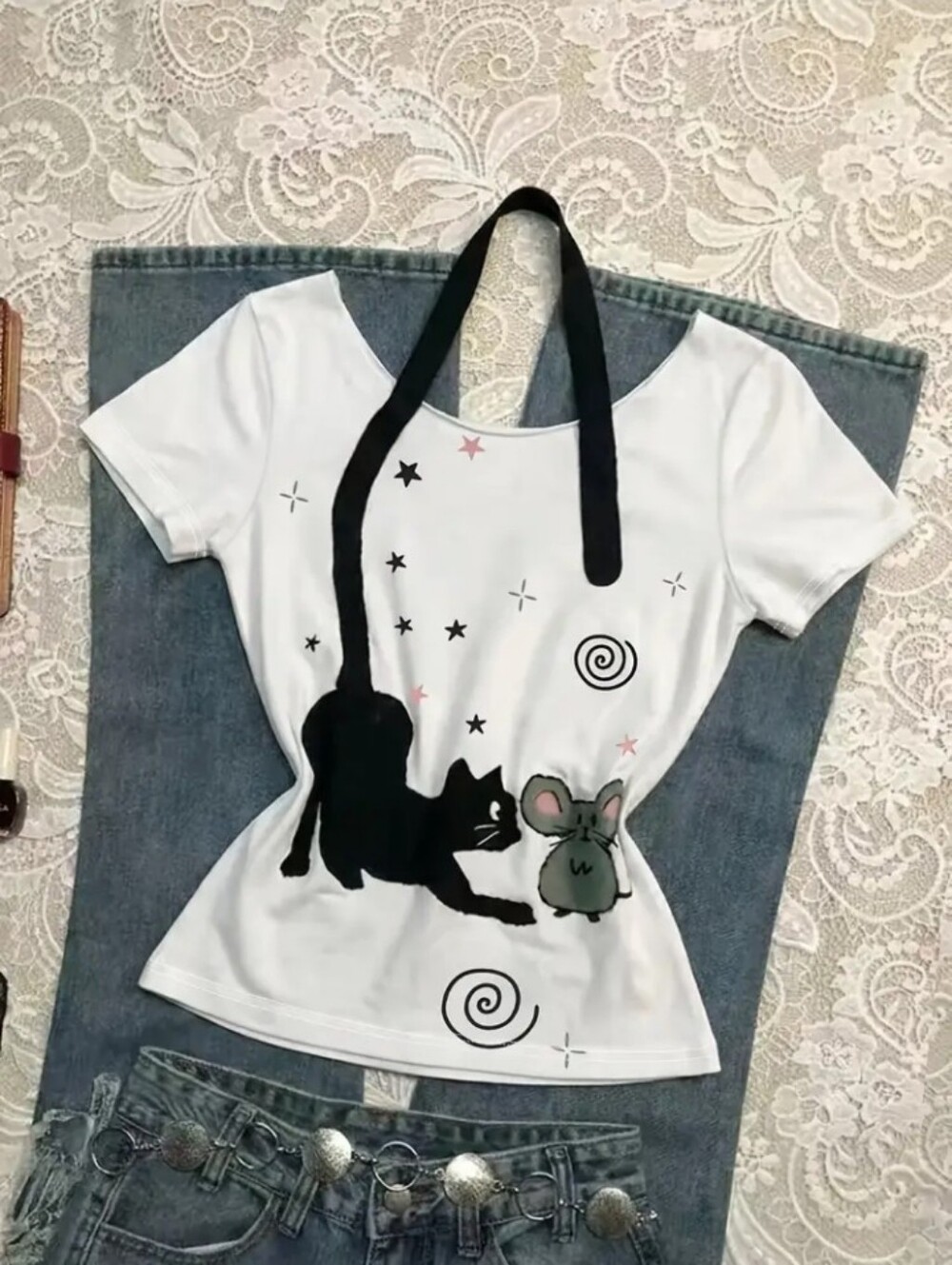 Women'S Y2K Cute Cat And Mouse Print Short Sleeve T-Shirt - Crew Neck Fitted